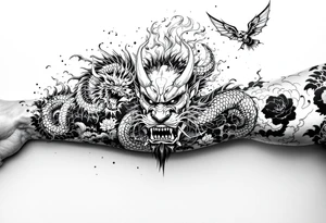 Japanese style with an oni mask, dragon and samurai warrior tattoo idea