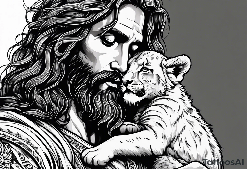 Jesus holding a lion cub tattoo idea
