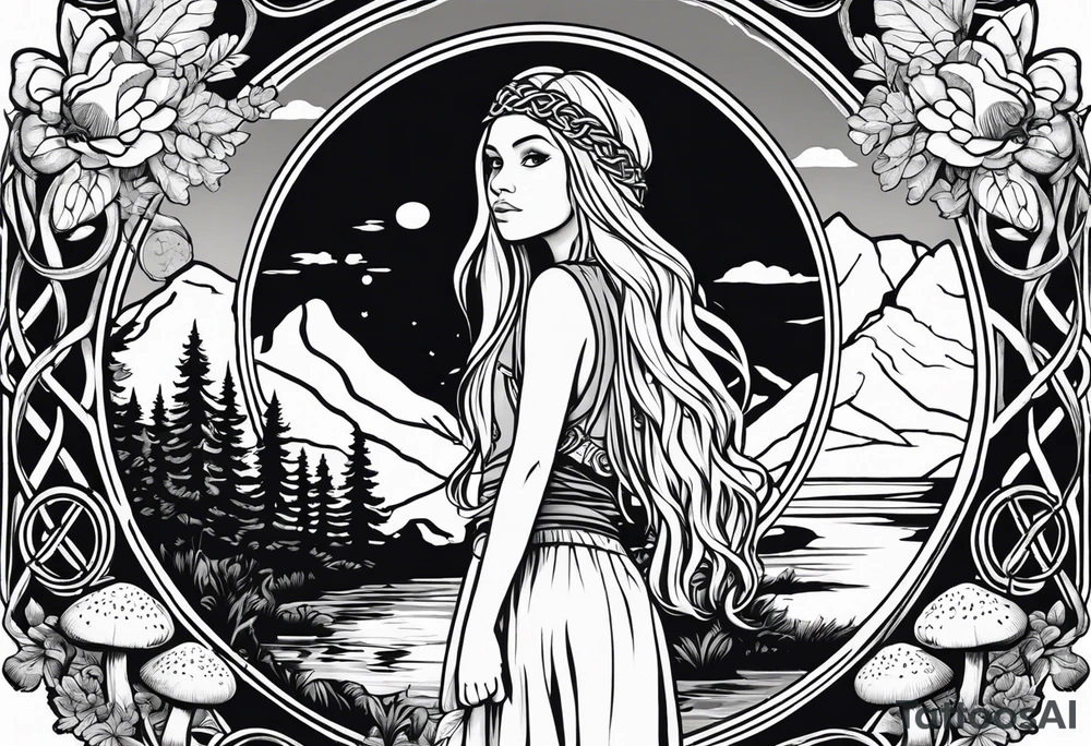 Whole picture encircled fully

Straight long blonde hair hippie girl in distance holding mushrooms in hand facing away toward mountains and creek surrounded by mushrooms long sleeve shirt and hiking pants; whole rendering within a full celtic circle, no cut off circle tattoo idea