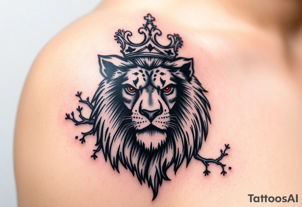 powerful majestic lion with a crown with a tree and for upper arm tattoo idea