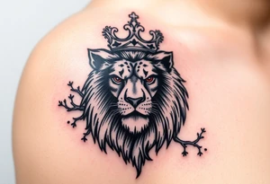 powerful majestic lion with a crown with a tree and for upper arm tattoo idea