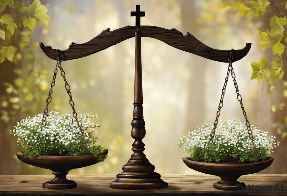 I need you to draw me a old libra scale out of tattered wood. The ends of the cross of wood need to be  broken. I need the bottom to look tattered possible cracks and holes  in wood of scale. I need vines with little white flowers wrapped all the way up the scale across the wood beam. And I want the scale bowls need to be attached by the vines. And I want the two weights of the scale to be wooden as well. They also need to look tattered. The weights need to be fastened on by the vines. I need to make it look like the ends of the vines on both scales is just loosely. I need to incorporate pieces koi fish in beautiful blues greens, and pinks.The fish need to be one on each scale balancing the scale and the tail of the left on, pointing down. the beautiful fish tail fins needs to be covering part of the tattered piece and the fish on the rights tail will be facing unpard with the fin of beauty starting to court the same pic the pieces fish need to be placed in the scale bowls the need to of large size to so theyv  Fill each scale and are currently out of it tattoo idea