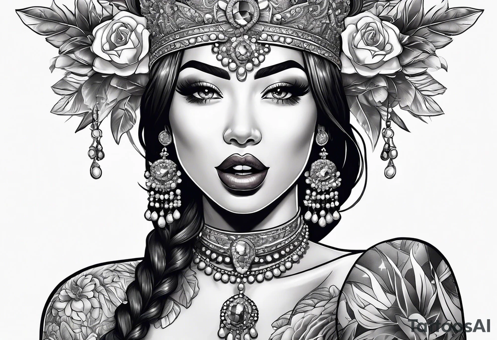 Latina Queen ahegao, tongue out drooling, happy, whitespace hentai tattoo idea