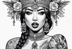 Latina Queen ahegao, tongue out drooling, happy, whitespace hentai tattoo idea