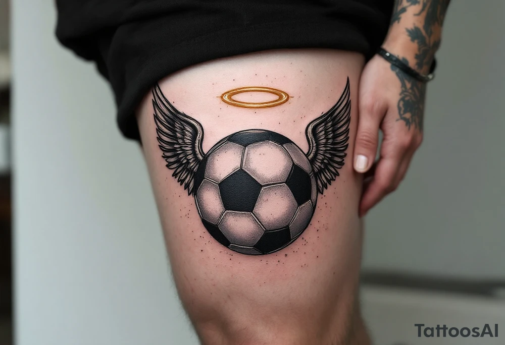 A black and gray soccer ball with angel wings and a golden halo above. tattoo idea