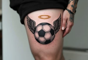 A black and gray soccer ball with angel wings and a golden halo above. tattoo idea
