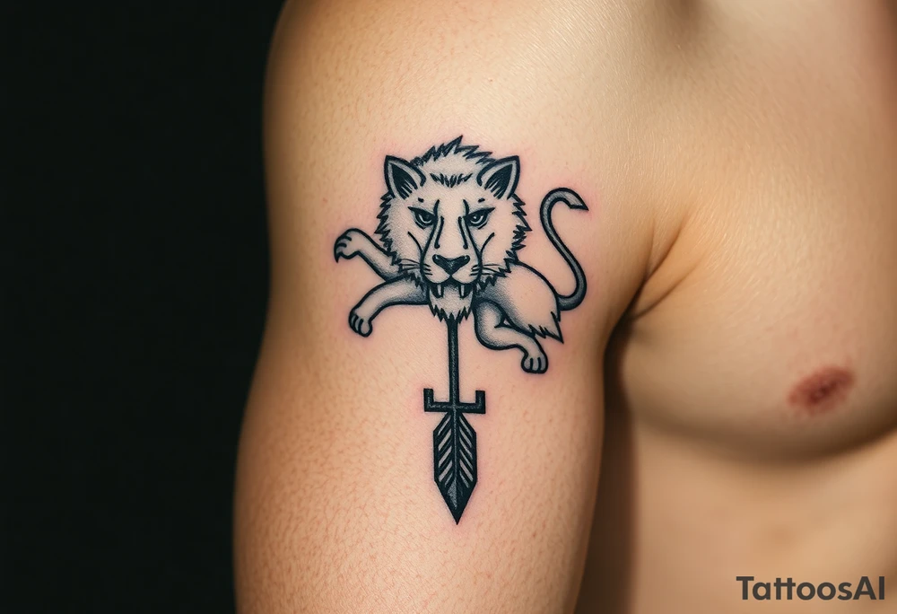 make me a a Leo zodiac with an arrow coming out down and two sides surrounded by an olive tree leaf tattoo idea