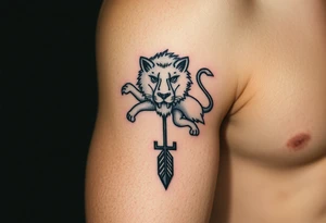 make me a  a Leo zodiac  with an arrow coming out down and two sides surrounded by an olive tree leaf tattoo idea