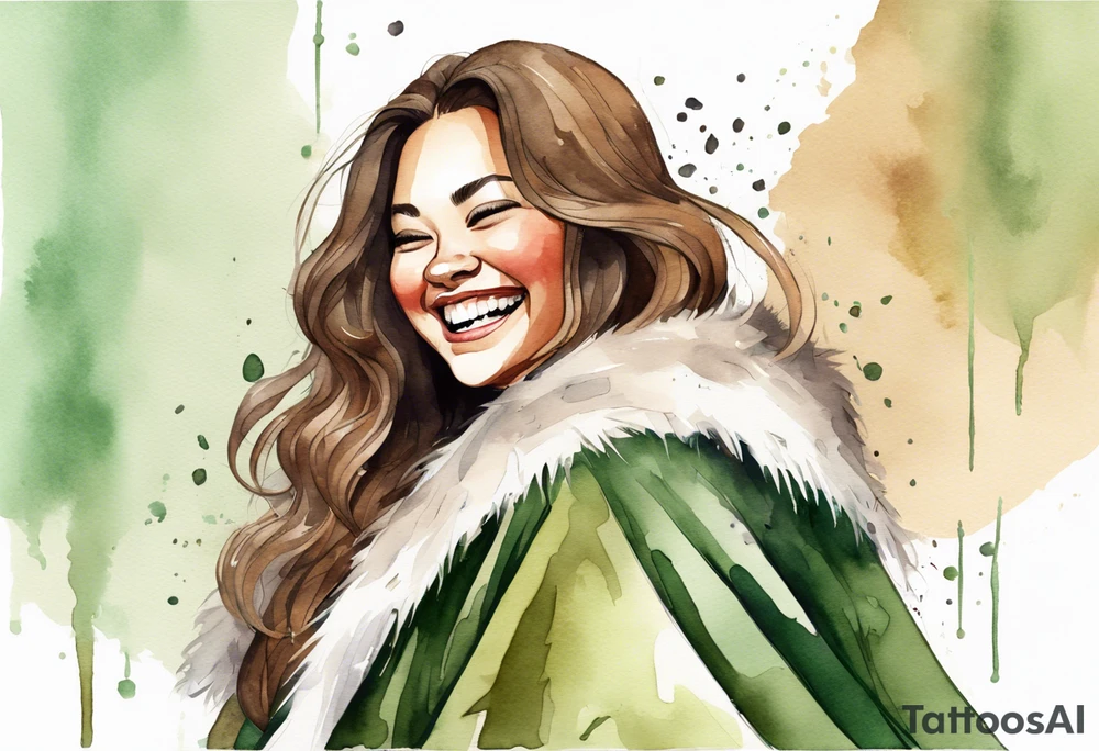 a watercolor of a curvy woman with long brown hair and light brown skin and green eyes wearing a fur cloak laughing tattoo idea