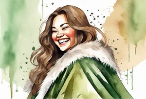 a watercolor of a curvy woman with long brown hair and light brown skin and green eyes wearing a fur cloak laughing tattoo idea