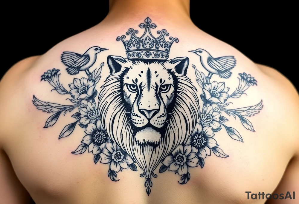 powerful majestic lion with a crown, surrounded by floral ornaments and birds tattoo idea