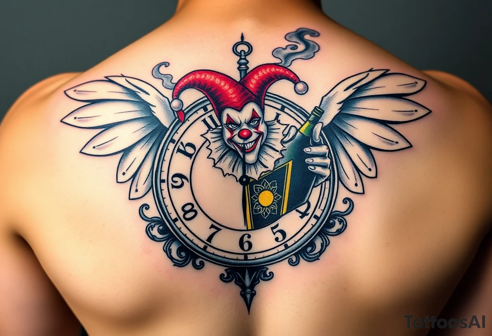 a jester clown floating in smoke with a  clock, the time says 420,  with two open wings besides the clock, smoke as the spring rising from the clock, a jester clown coming out the smoke, smoking in one hand with a liquor bottle on the other hand tattoo idea