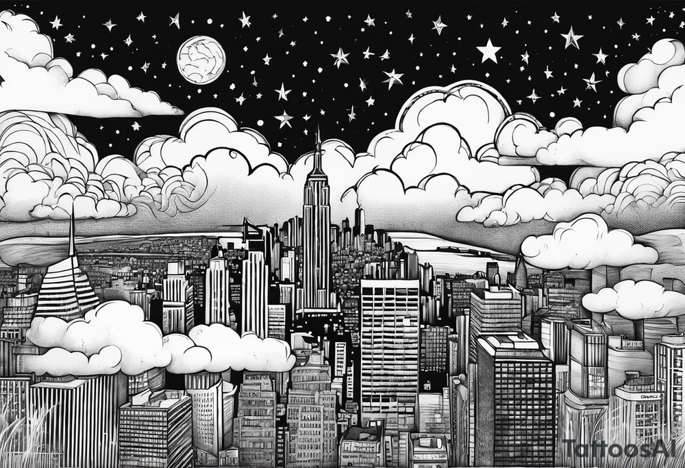 stars, clouds, city tattoo idea