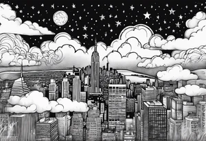 stars, clouds, city tattoo idea