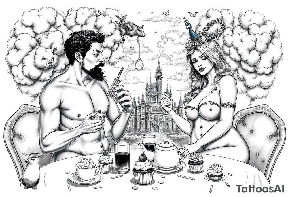 Mystical Naked Man and woman eating cupcakes and liquor fruit  having sex clouds gothic sexy naked fat lady having a tea party with tea pot and Victorian castle 
with a pigs, peacock, noose, lion, goat, smoking cigerettes looking in the mirror thru storm clouds with razor blades and broken hearts and darkness and wrath, envy , gluttony, greed, sloth, pride kill tattoo idea