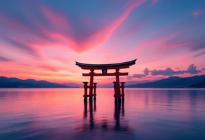 A red torii gate standing in shallow blue water under a pink and orange sunset sky. tattoo idea