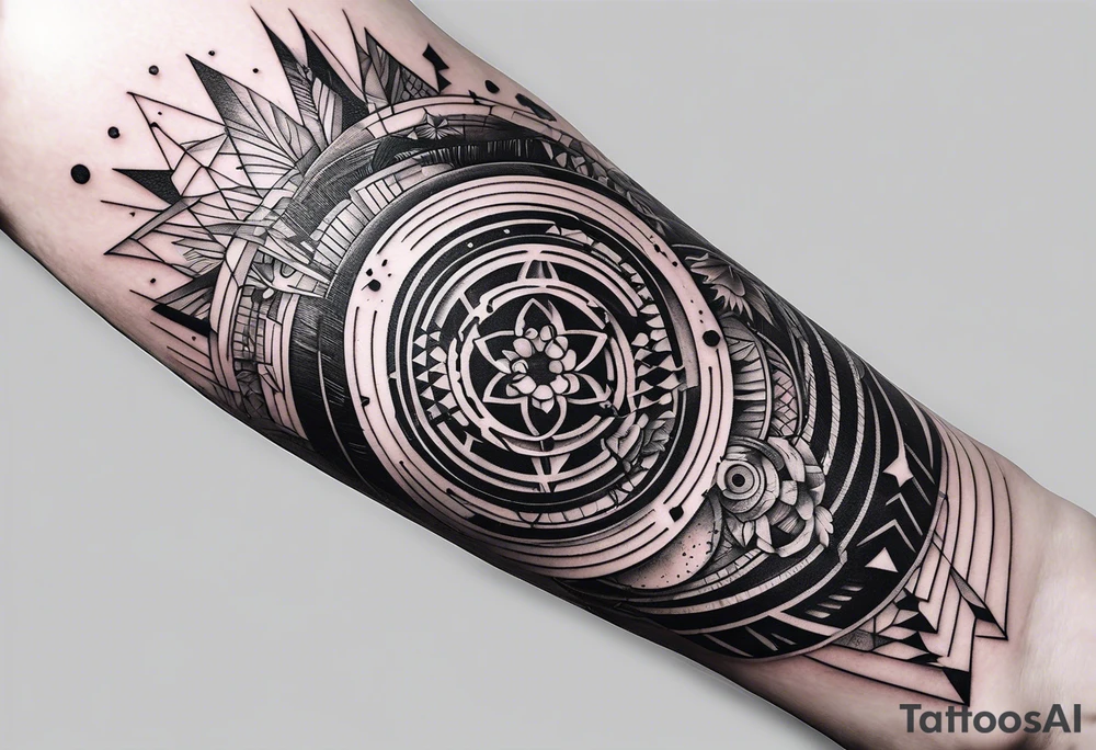 A forearm tattoo about electronic music, focus on geometric patterns, abstract tattoo idea A forearm tattoo about electronic music, focus on geometric patterns, abstract tattoo idea