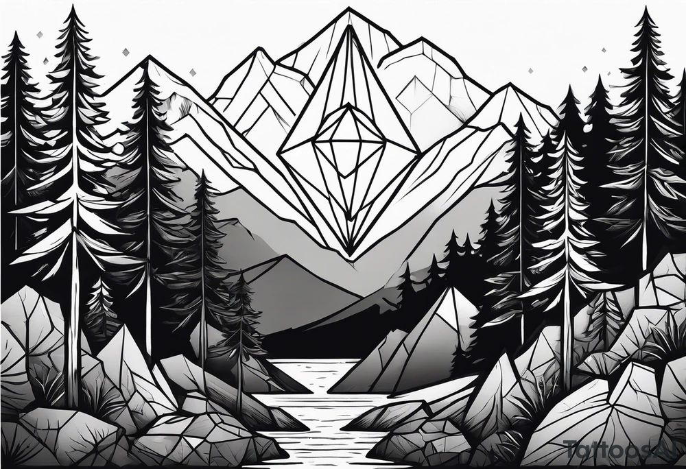 a forest along the edges with mountains below and in the distance with full trees and a diamond in the middle tattoo idea