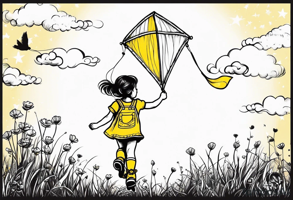 a little girl flying a kite, holding the hand of a teddy bear in yellow overalls and roller skates and the words "Go Fly A Kite" spelled out in the kite strings tattoo idea