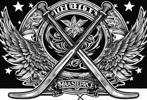 Ice Hockey sticks crossing with 39 in the middle and angel wing around it tattoo idea