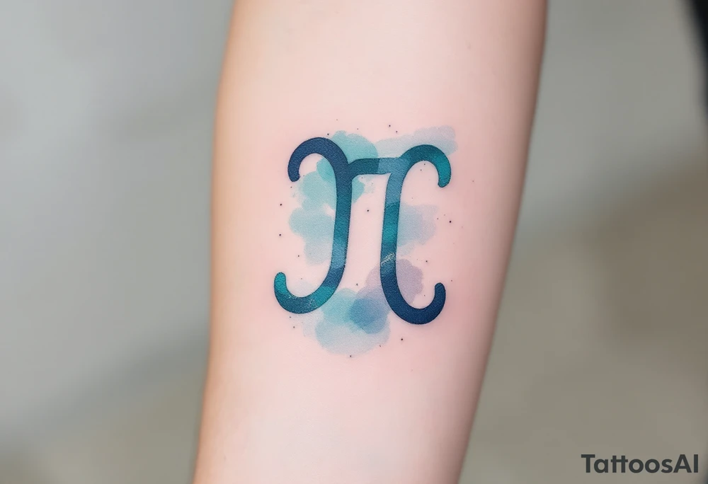 A minimalist Aquarius glyph, surrounded by soft watercolor waves in hues of turquoise, indigo, and silver. tattoo idea