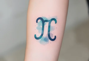A minimalist Aquarius glyph, surrounded by soft watercolor waves in hues of turquoise, indigo, and silver. tattoo idea