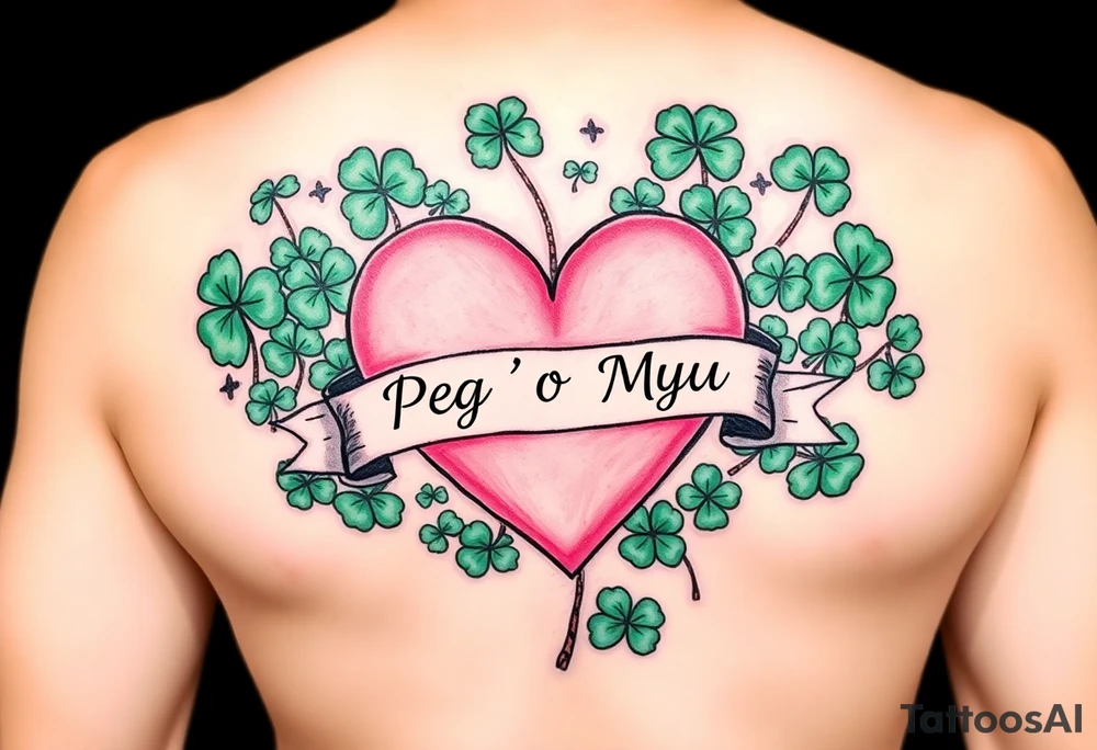A lot of green shamrocks with a big Pink heart and a banner across the heart that says Peg 'o My Heart tattoo idea