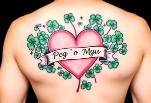 A lot of green shamrocks with a big Pink heart and a banner across the heart that says Peg 'o My Heart tattoo idea