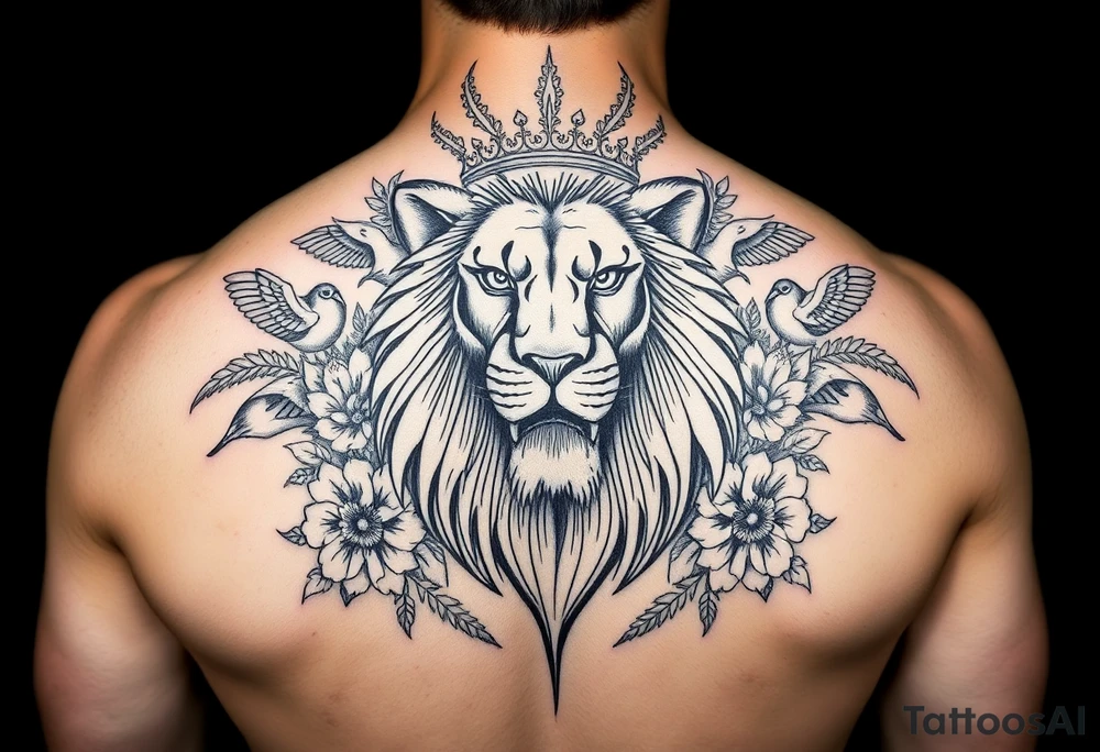 powerful majestic lion with a crown, surrounded by floral ornaments and birds tattoo idea