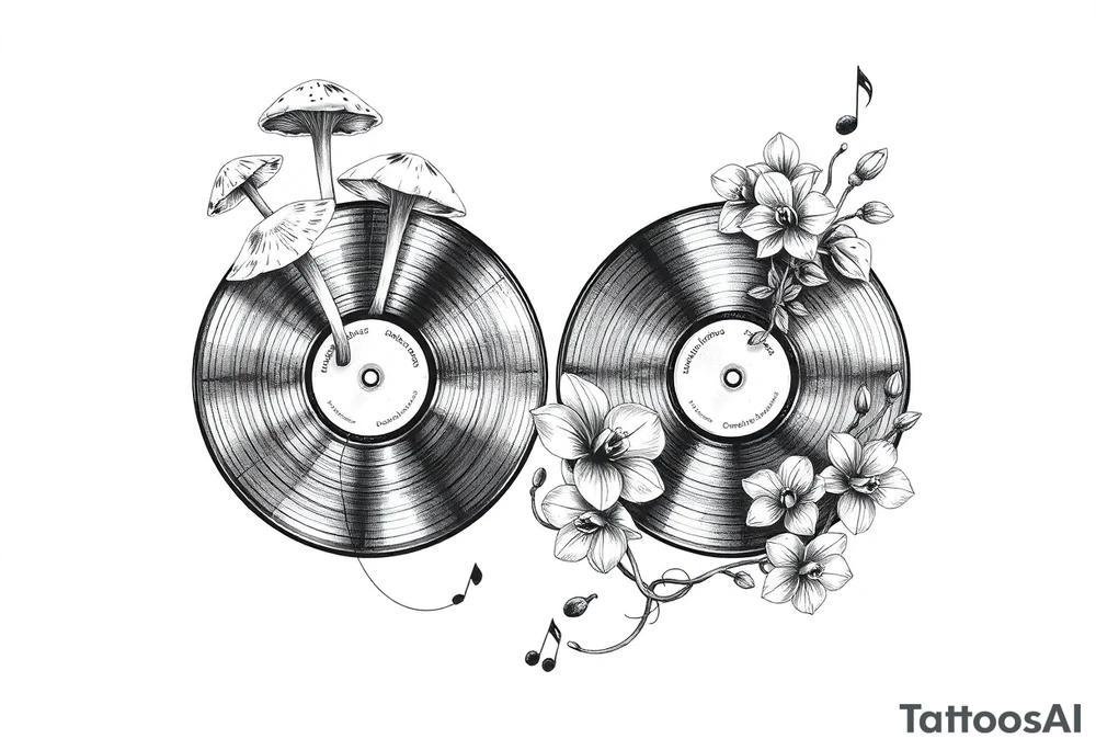 two vinyl records with mushrooms, orchids, and music notes around them tattoo idea