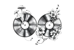 two vinyl records with mushrooms, orchids, and music notes around them tattoo idea
