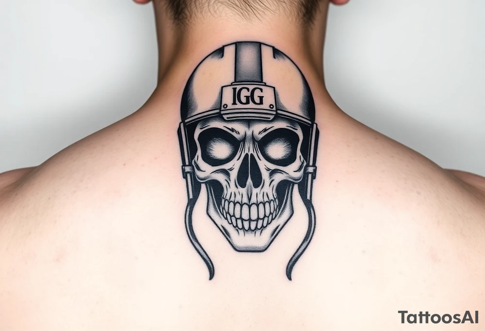Skull wearing football helmet with initials GG tattoo idea