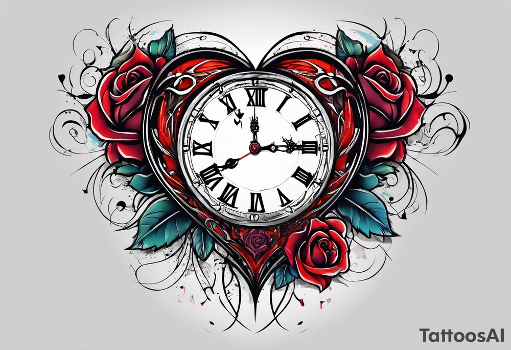 broken heart with clock in middle.
Clock hands on 8 and 5.
Never Say Never written on tattoo tattoo idea