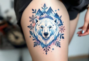 A spirit bear in white with blue accents, surrounded by snowflake and mountain motifs. tattoo idea