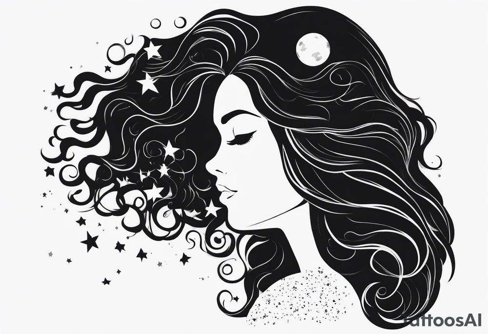 A shadow of a woman's head with long curly hair like Merida from Brave movie and her hair is made of stars planets and galaxies. Just the shadow of the woman no face tattoo idea