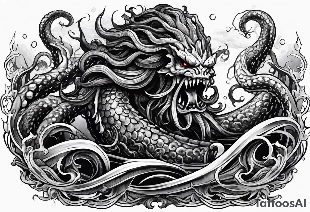 Kraken tentacles grabbing Poseidon thrusting trident into monster deep ocean stormy tattoo idea
