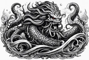 Kraken tentacles grabbing Poseidon thrusting trident into monster deep ocean stormy tattoo idea