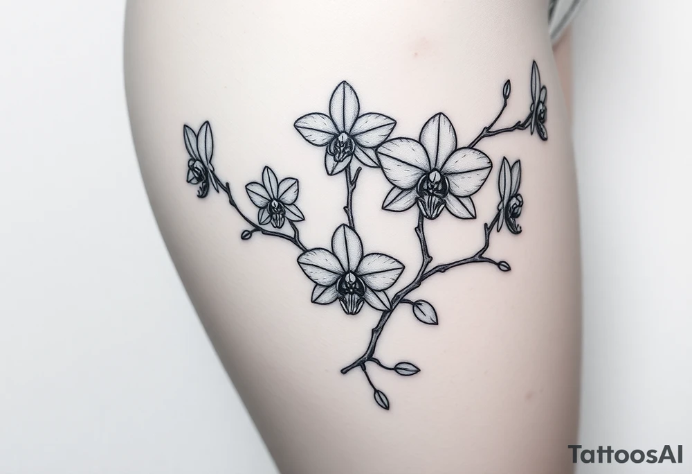 Five delicate fine line orchids different size realistic and a mix of vagina. Are connected with branches tattoo idea