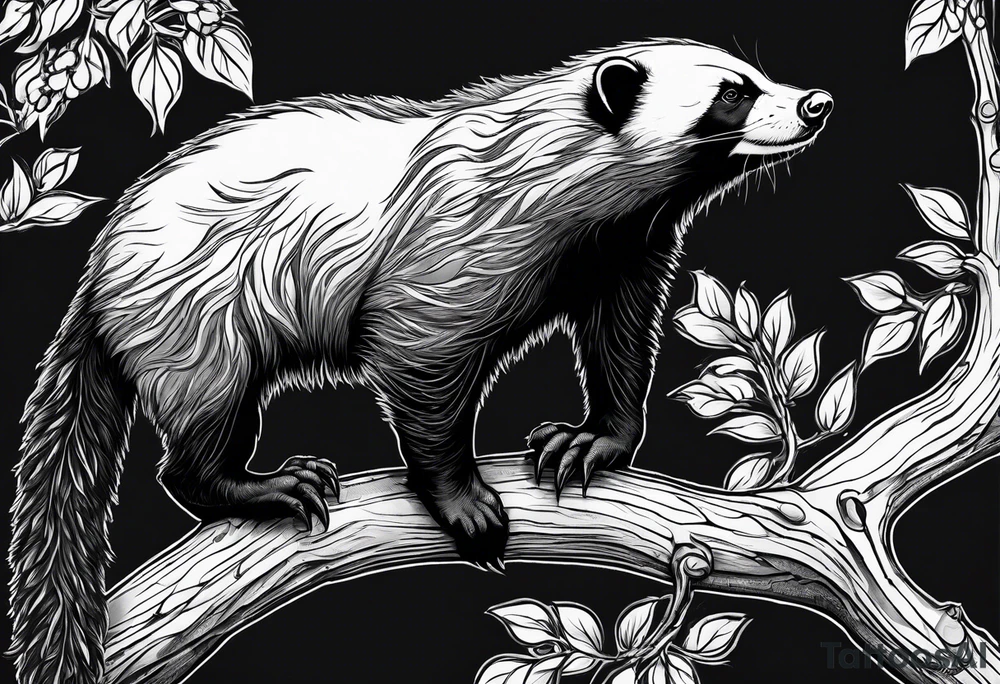 honey badger hanging onto branch, claws near head, gentle face, legs hanging on trying to get over tattoo idea