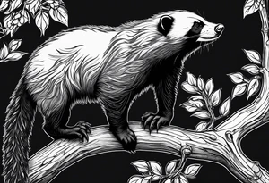 honey badger hanging onto branch, claws near head, gentle face, legs hanging on trying to get over tattoo idea