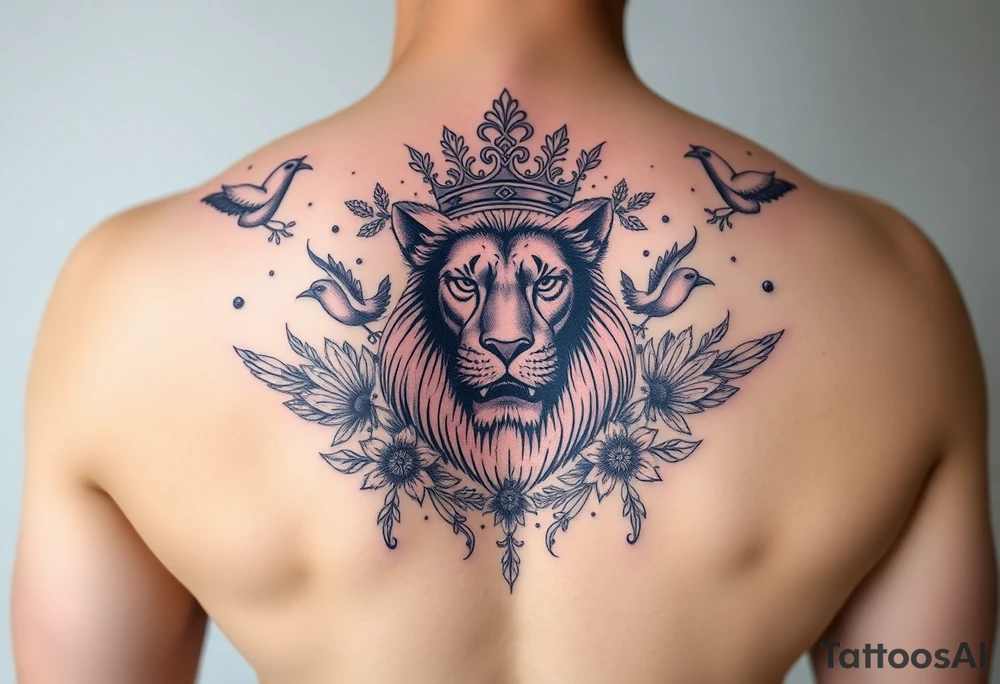 powerful majestic lion with a crown, surrounded by floral ornaments and birds tattoo idea