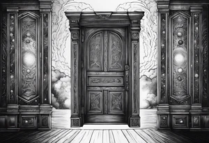 An Door that opens to a whole Universe. only depict the Door and the universe inside it, nothing else tattoo idea