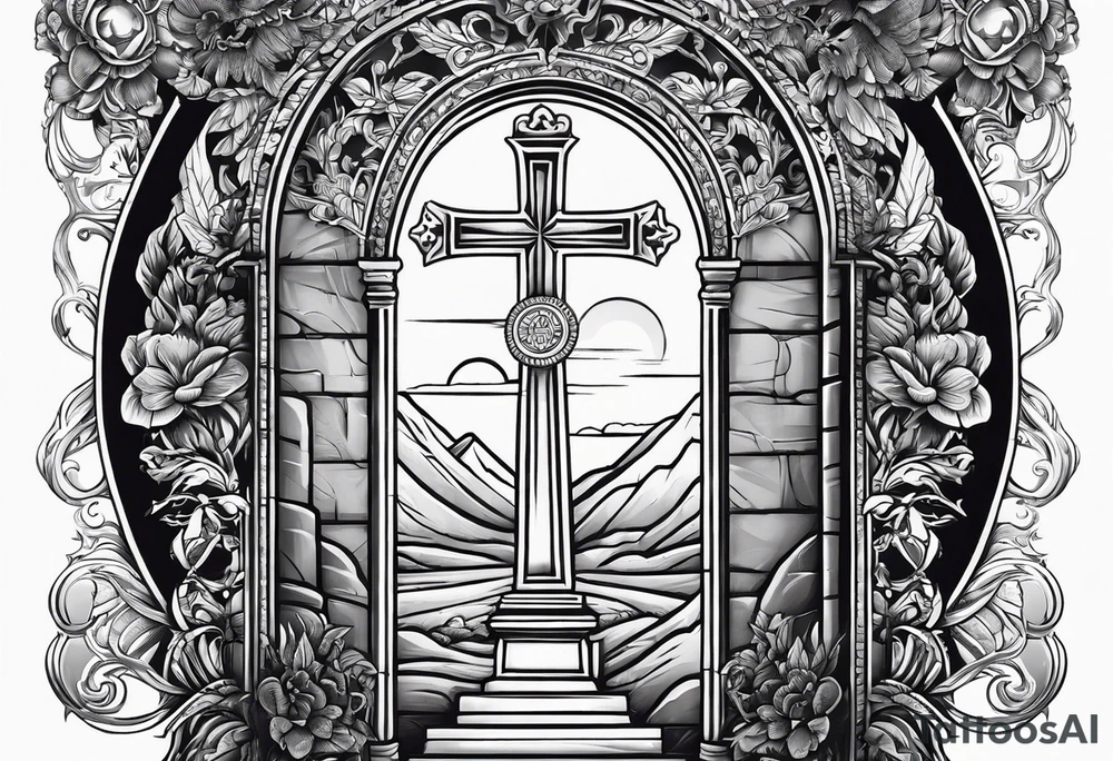 Tomb with cross and sun in the background tattoo idea