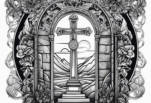 Tomb with cross and sun in the background tattoo idea