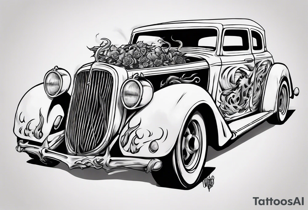 I want a tattoo of a skeleton with flames driving an old vintage car and i want the name “Viking Customs” to be in the tattoo tattoo idea