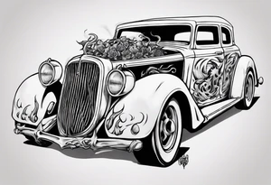 I want a tattoo of a skeleton with flames driving an old vintage car and i want the name “Viking Customs” to be in the tattoo tattoo idea