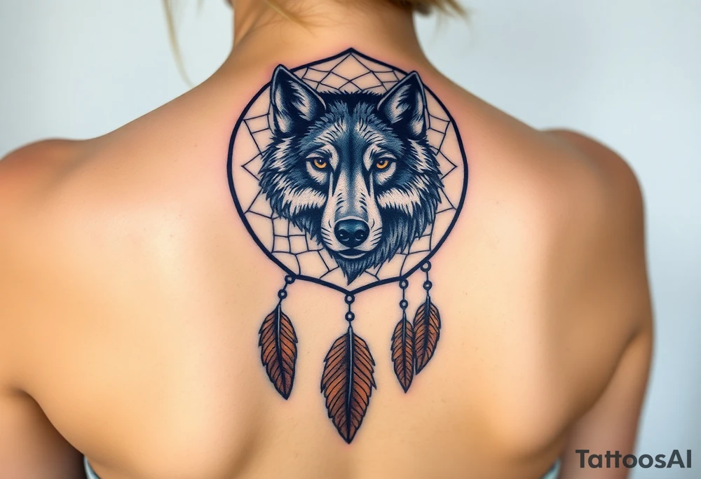 A dreamcatcher with a wolf’s face inside, with intricate feather patterns. The wolf’s fur is painted in cool tones of blue and silver, and the feathers are shaded in soft brown and gold tattoo idea