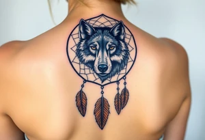 A dreamcatcher with a wolf’s face inside, with intricate feather patterns. The wolf’s fur is painted in cool tones of blue and silver, and the feathers are shaded in soft brown and gold tattoo idea