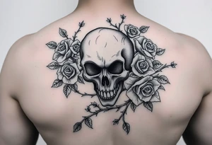 gothic skull intertwined with climbing roses and thorny vines tattoo idea