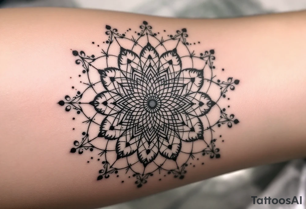 simple, minimalist tattoo, sacred geometry mandala, centerpiece design, dotwork patterns, radiating geometry, symmetrical mandala, geometric shapes, intricate dotwork, sacred patterns, mandala center, geometric radiating, fine line work, black grey shading, minimalist design, no outlines, arm placement, delicate linework, precise geometry, clean symmetry, sacred symbols, geometric precision, dotwork details, mandala focal point, refined patterns, understated complexity, geometric harmony, minimalist tattoo idea